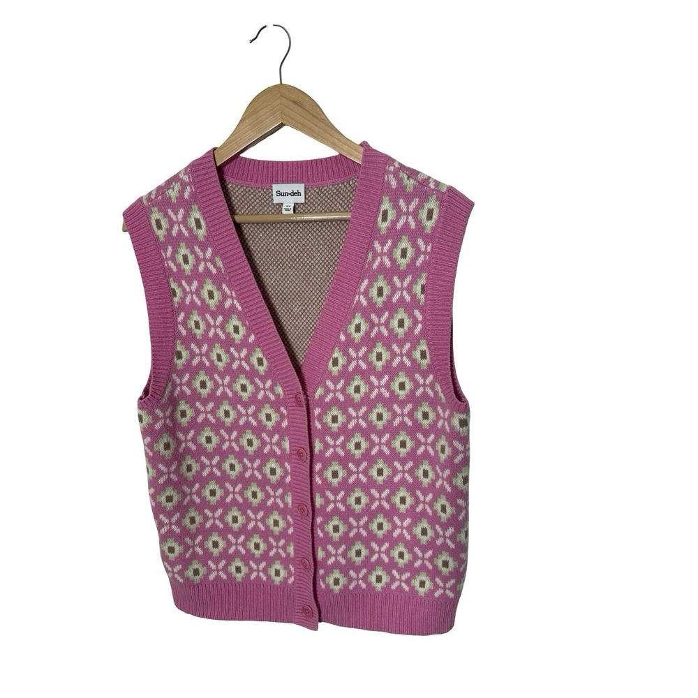 Sun Deh Sunday Best Pink Button Front Floral Sweater Vest size XS artizia